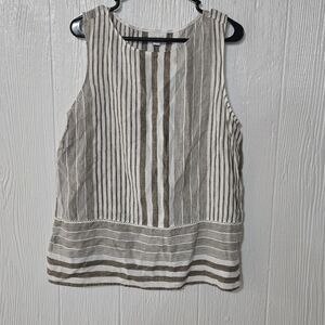 J. Jill Love Linen Sz Large Tan  White Striped Sleeveless Blouse Shirt Tank Top
